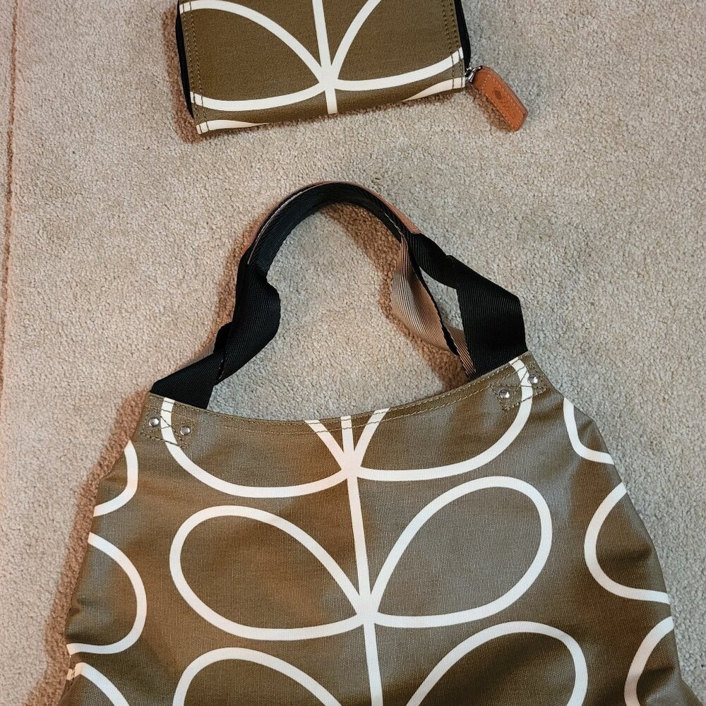 Orla Kiely brown large white leaf  tote and matching wallet